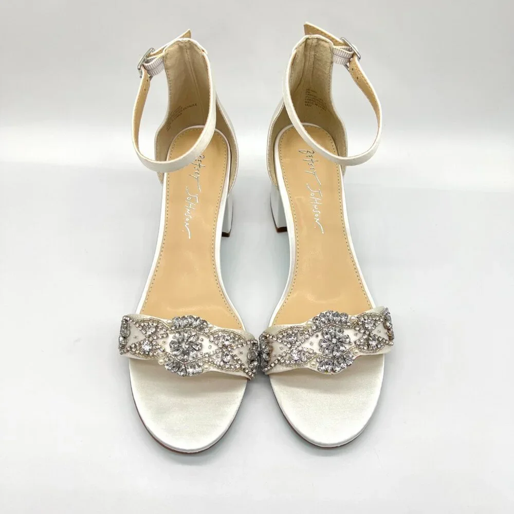 Betsey Johnson Size 8 Mel‎ Ivory White Satin Jeweled Heels Dress Sandals Shoes